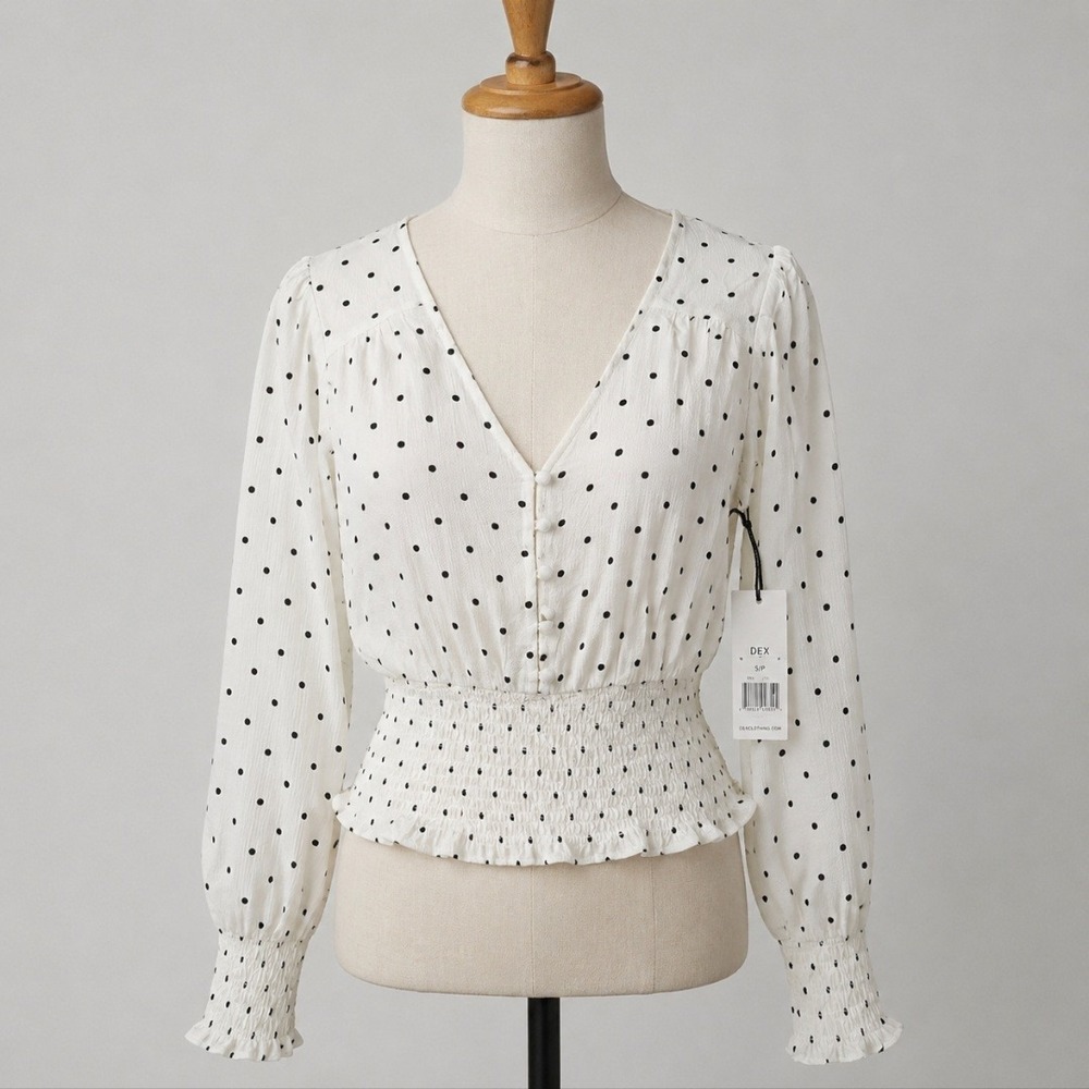 Dex Women Polka Dot Smocked Waist Peplum Blouse White Black Long Sleeve Small NW